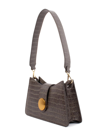 Buckle Shoulder Bag Leather Croco-Print Grey